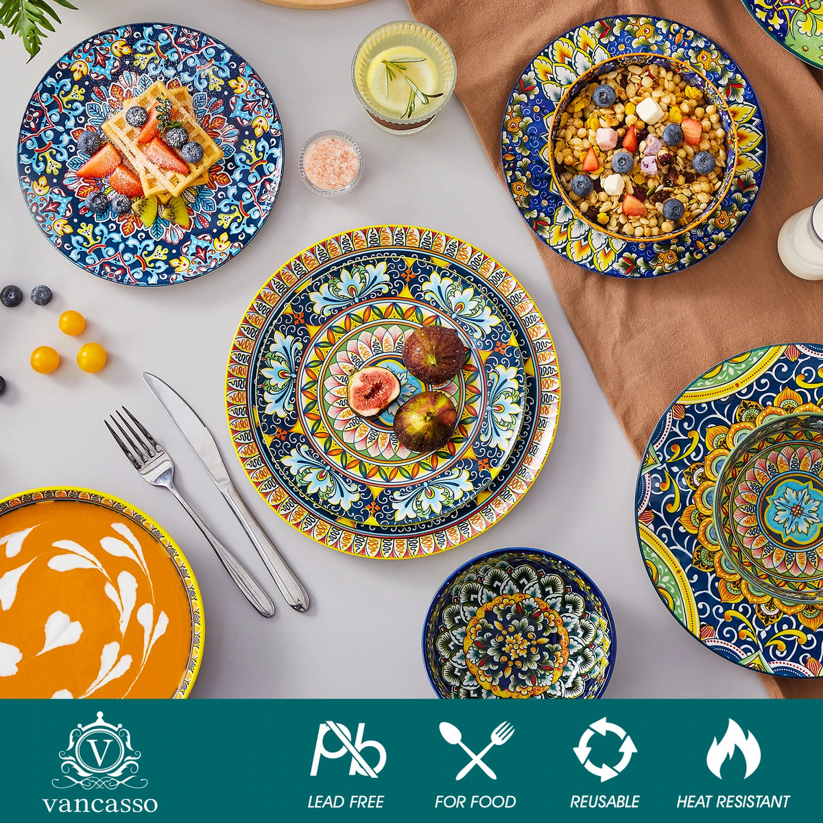 Malacasa 24 Piece Porcelain Bohemian Dinnerware Set Plant Pattern