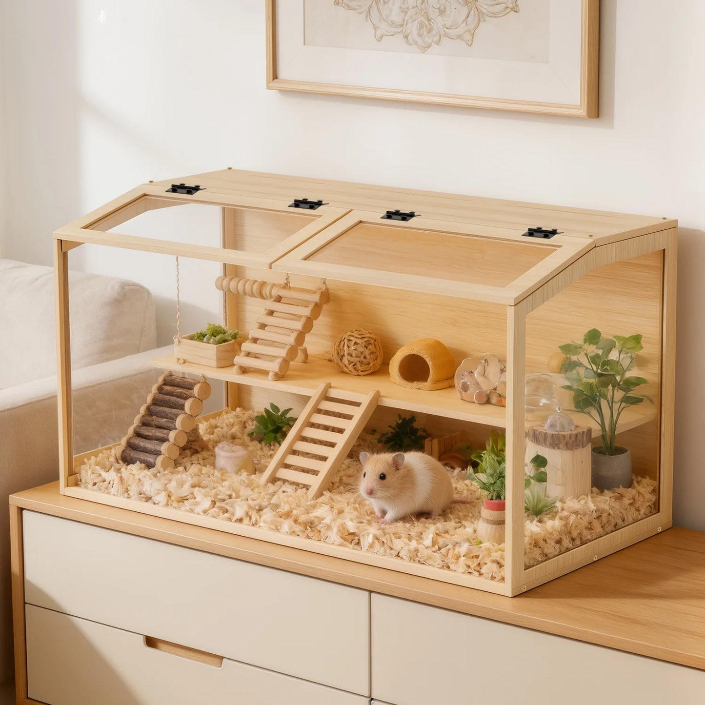 Wooden Hamster Cage Chewproof Tempered Glass Panels And LED Light