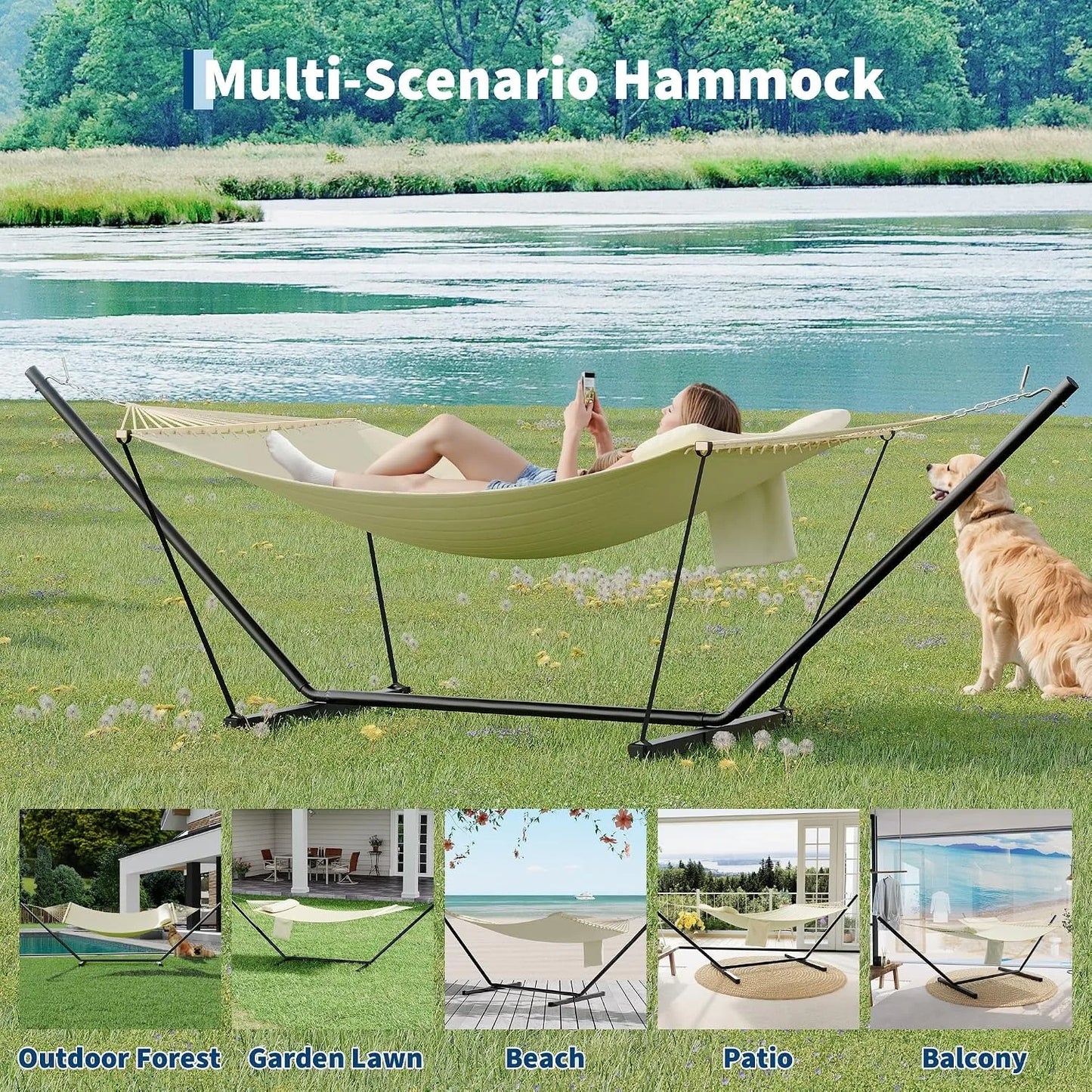 Double Polyester Hammock With Stand And Pillow For Outdoor Relaxation