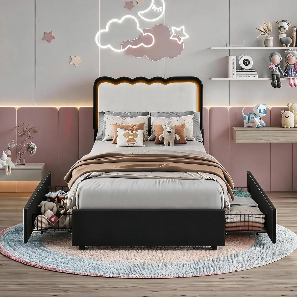 HiMISS LED Velvet Platform Bed With Storage Drawers