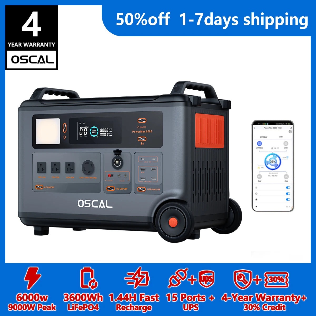 OSCAL PowerMax 6000 Solar Generator 3600Wh LiFePO4 Battery Station