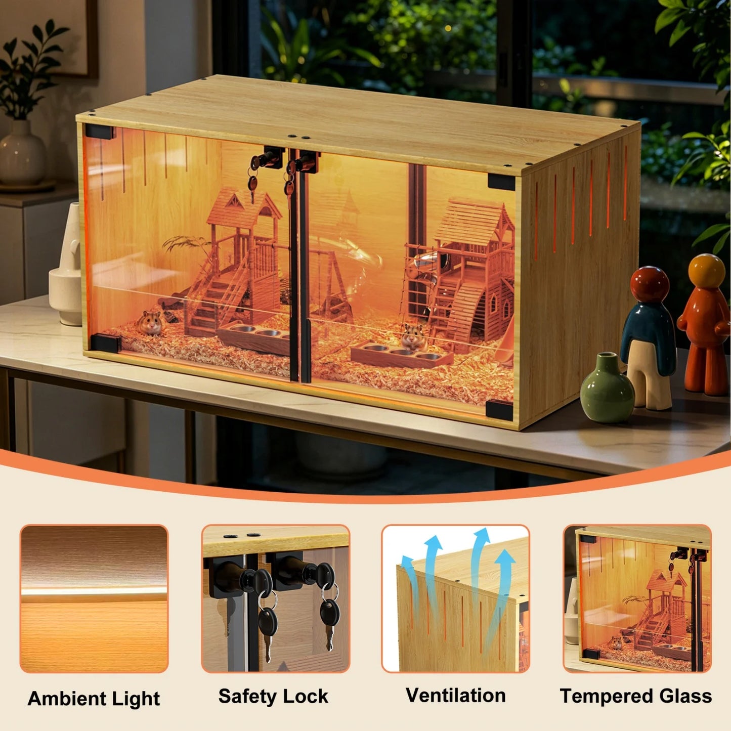 Wooden Hamster And Guinea Pig Cage Removable Divider Tempered Glass Panels