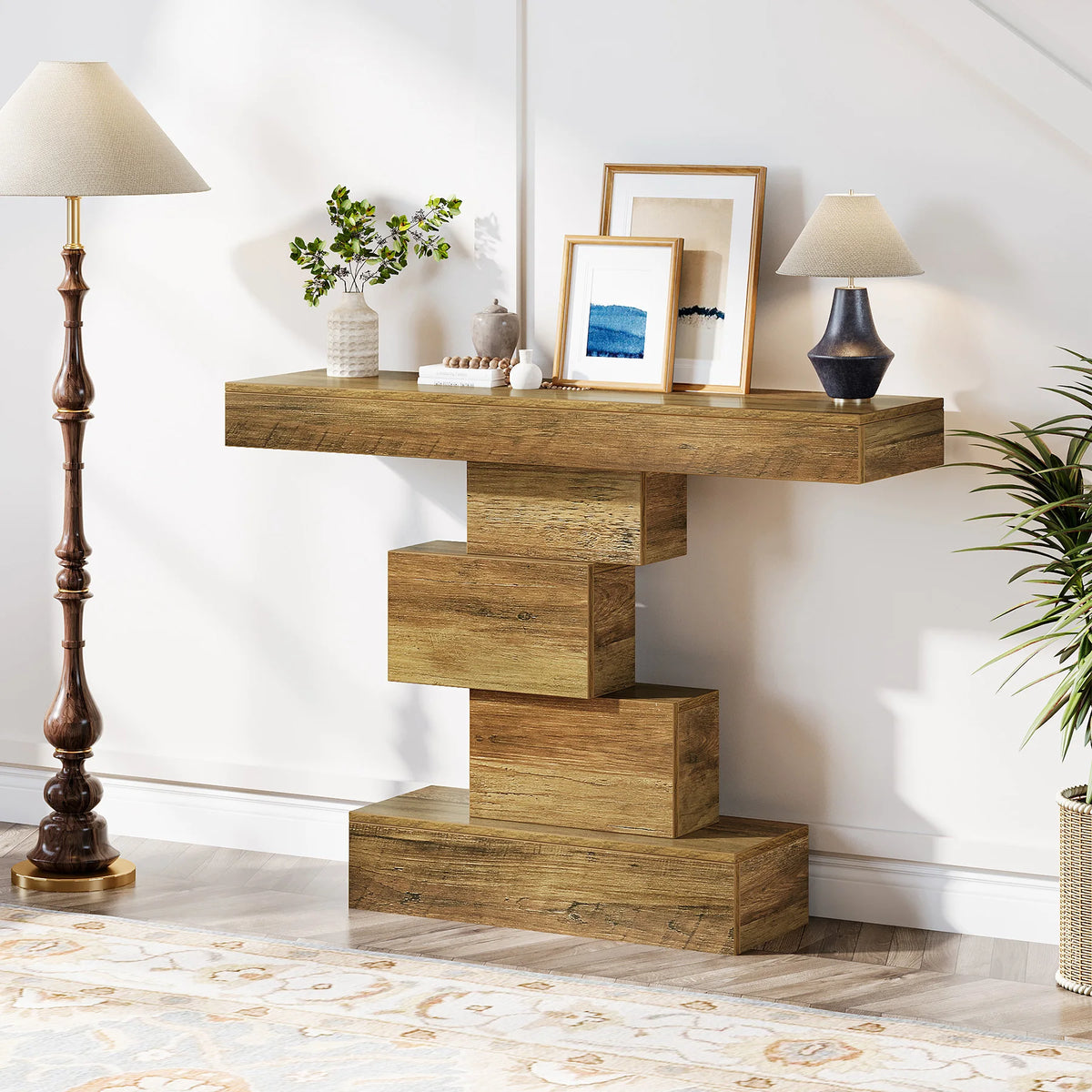 Tribesigns Farmhouse Wooden Console Table With Storage And Geometric Base