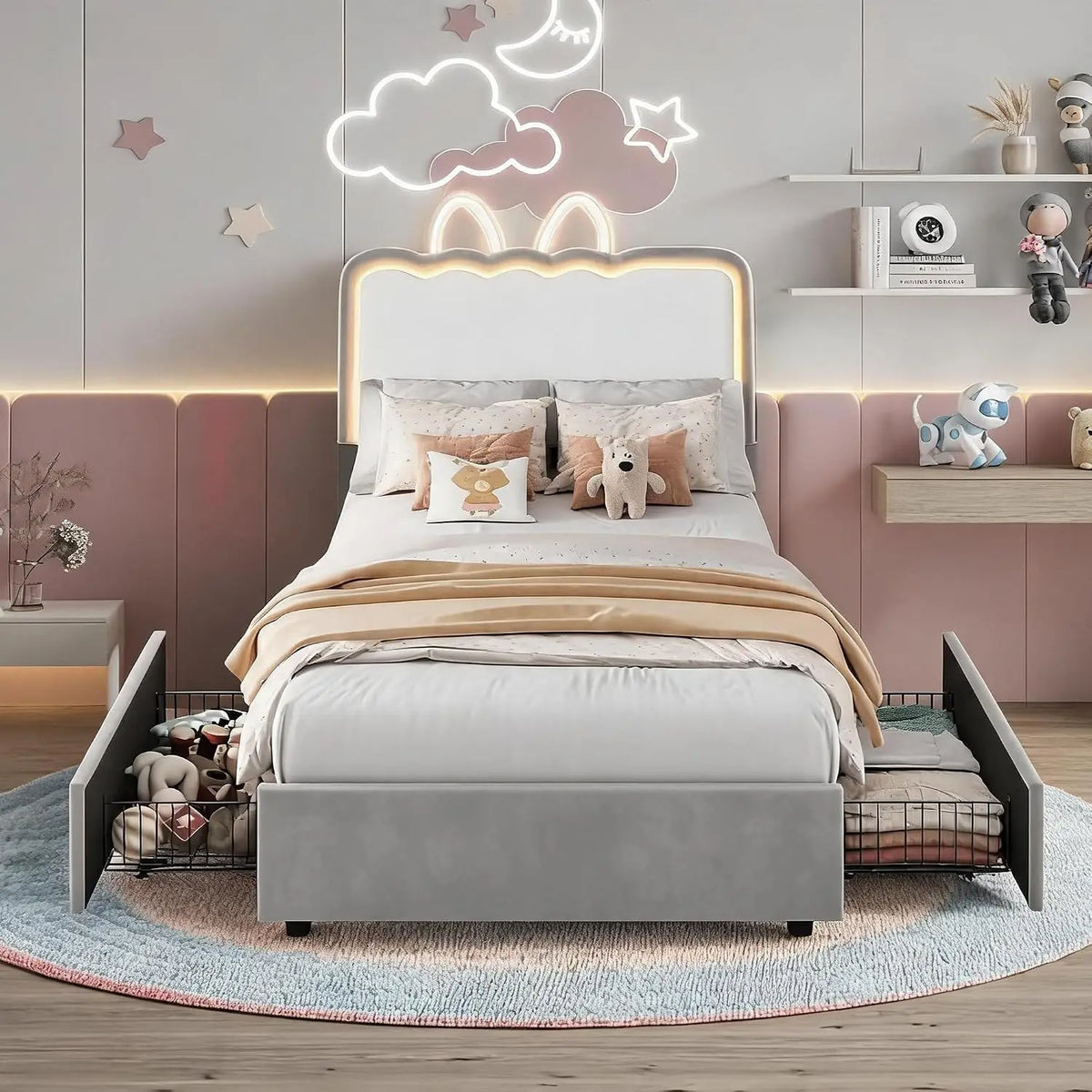 HiMISS LED Velvet Platform Bed With Storage Drawers