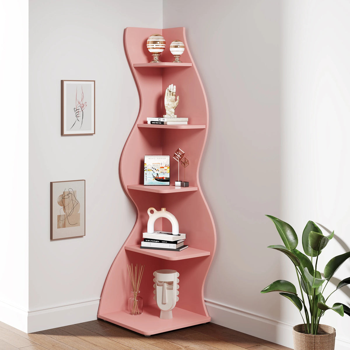 Tribesigns Modern Five Tier Corner Bookshelf Wooden Storage Rack