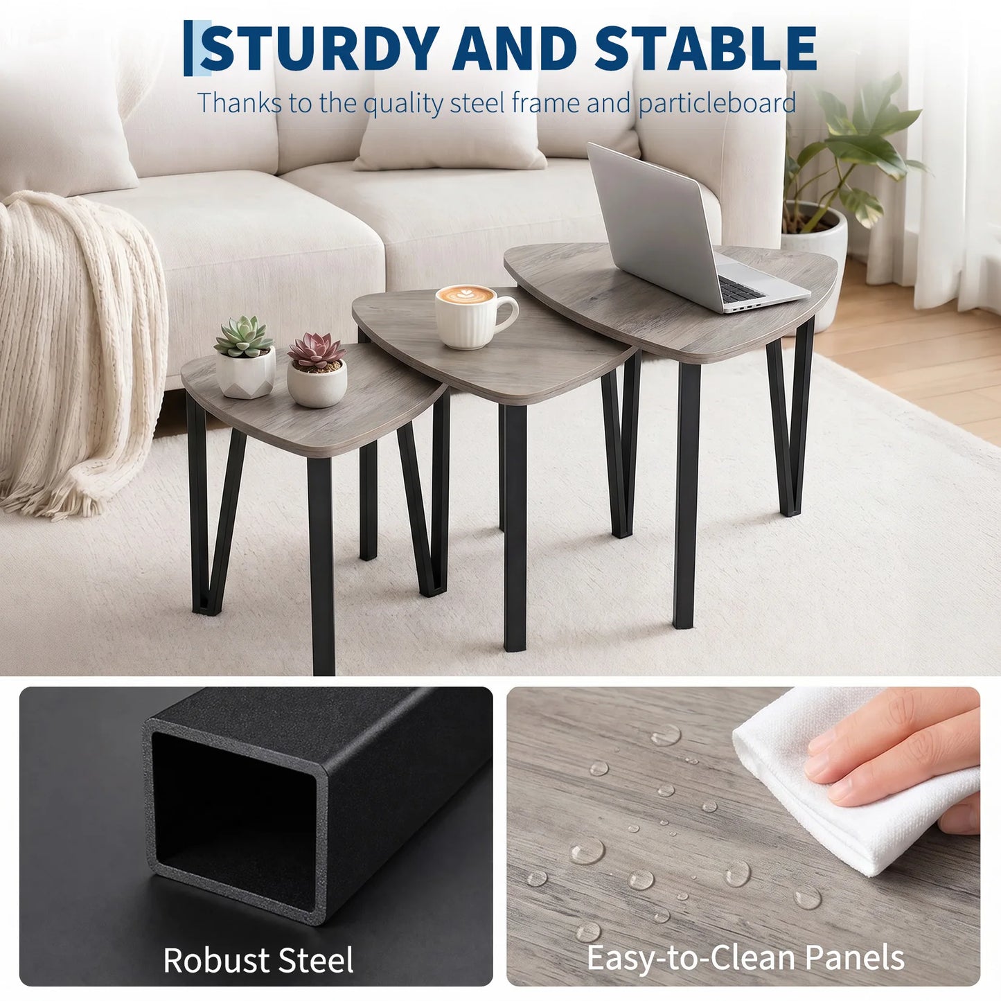 HiMISS Triangle Nesting Coffee Tables Three Piece Set Metal Frames