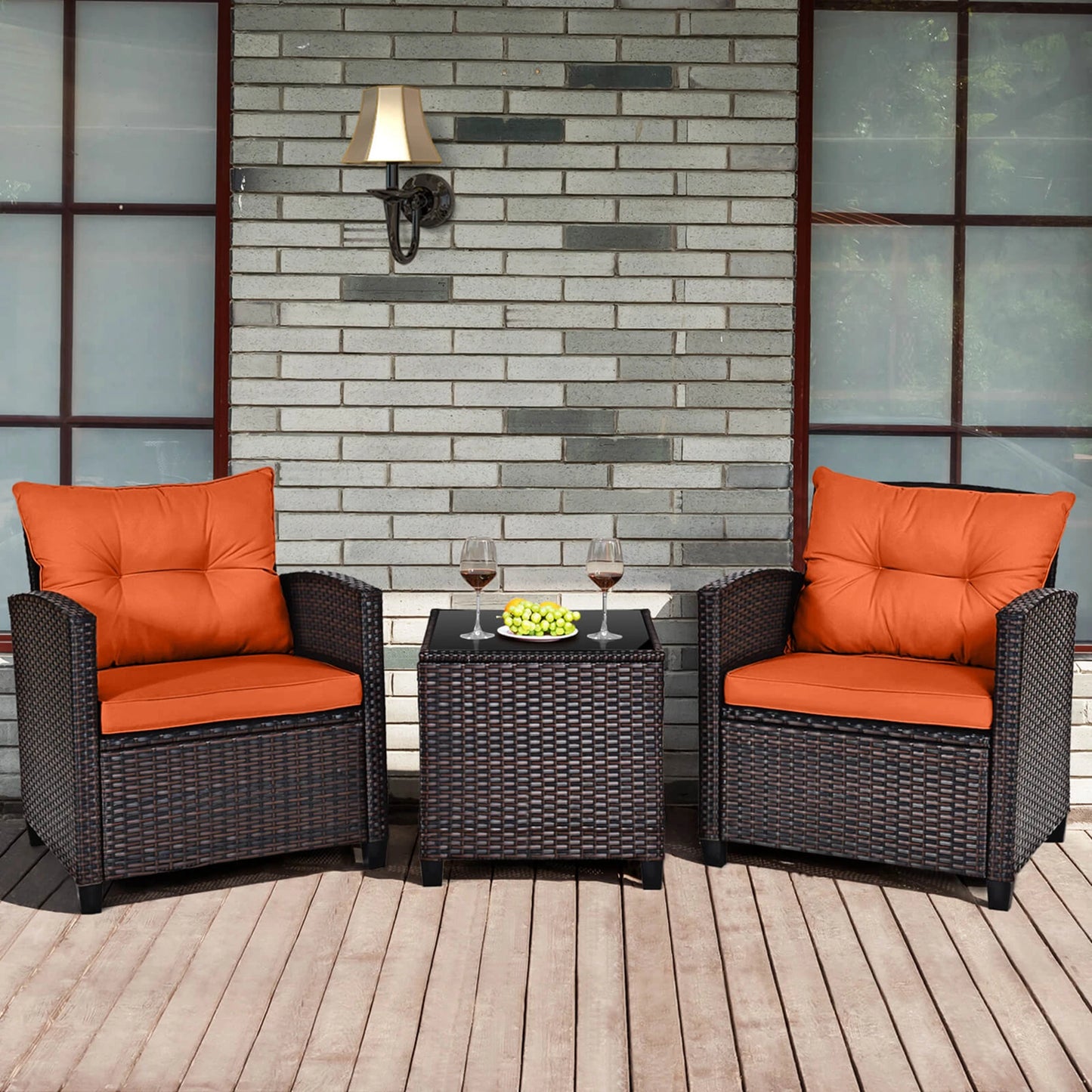 HOMASIS 3-Piece Patio Rattan Conversation Set Cushioned