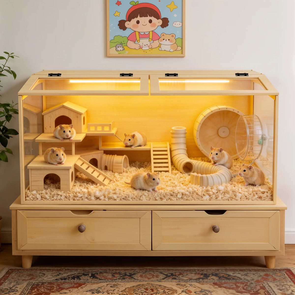 Natural Wooden Hamster Cage Built In Light Dual Door Habitat