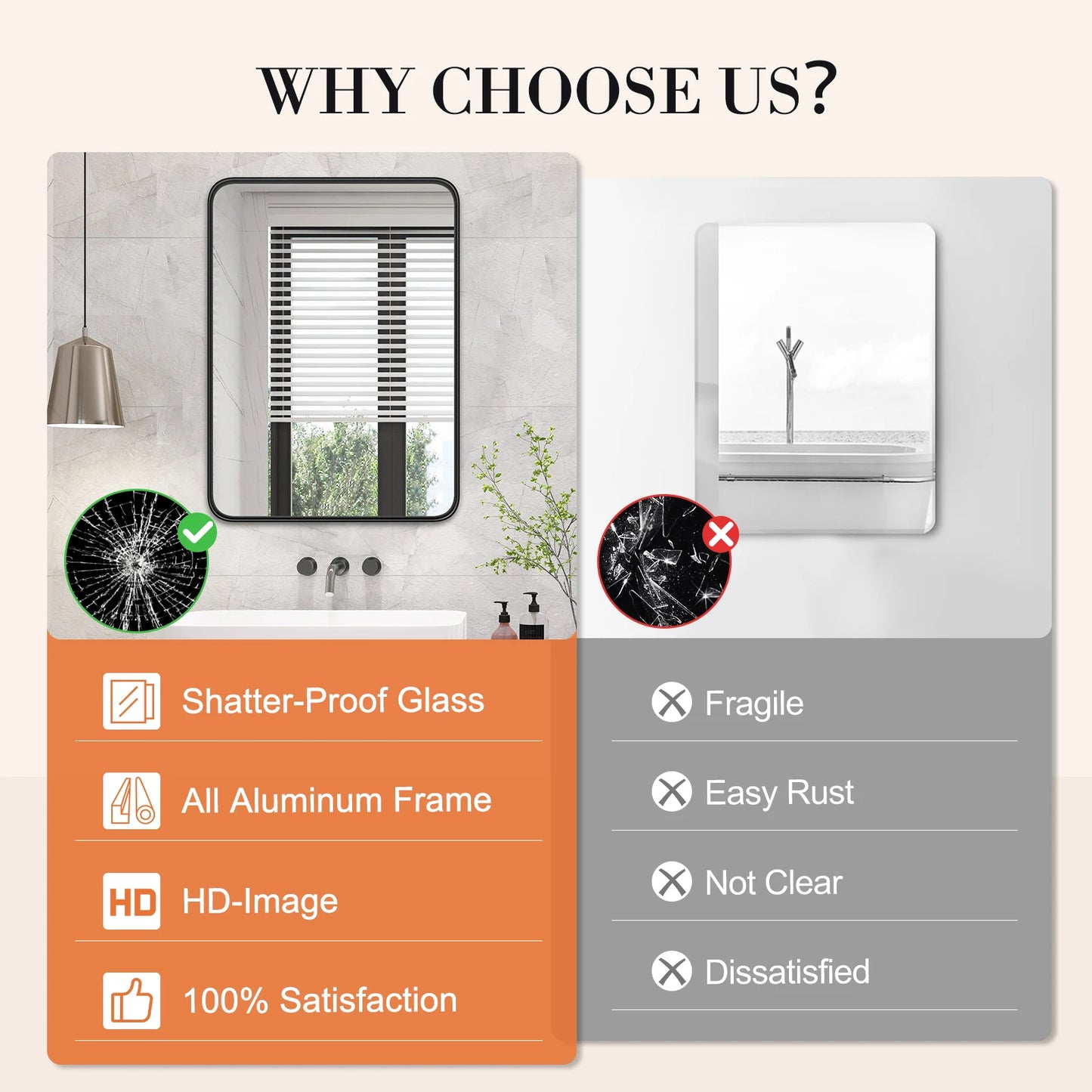 JHK Modern Matte Metal Framed Bathroom Mirror