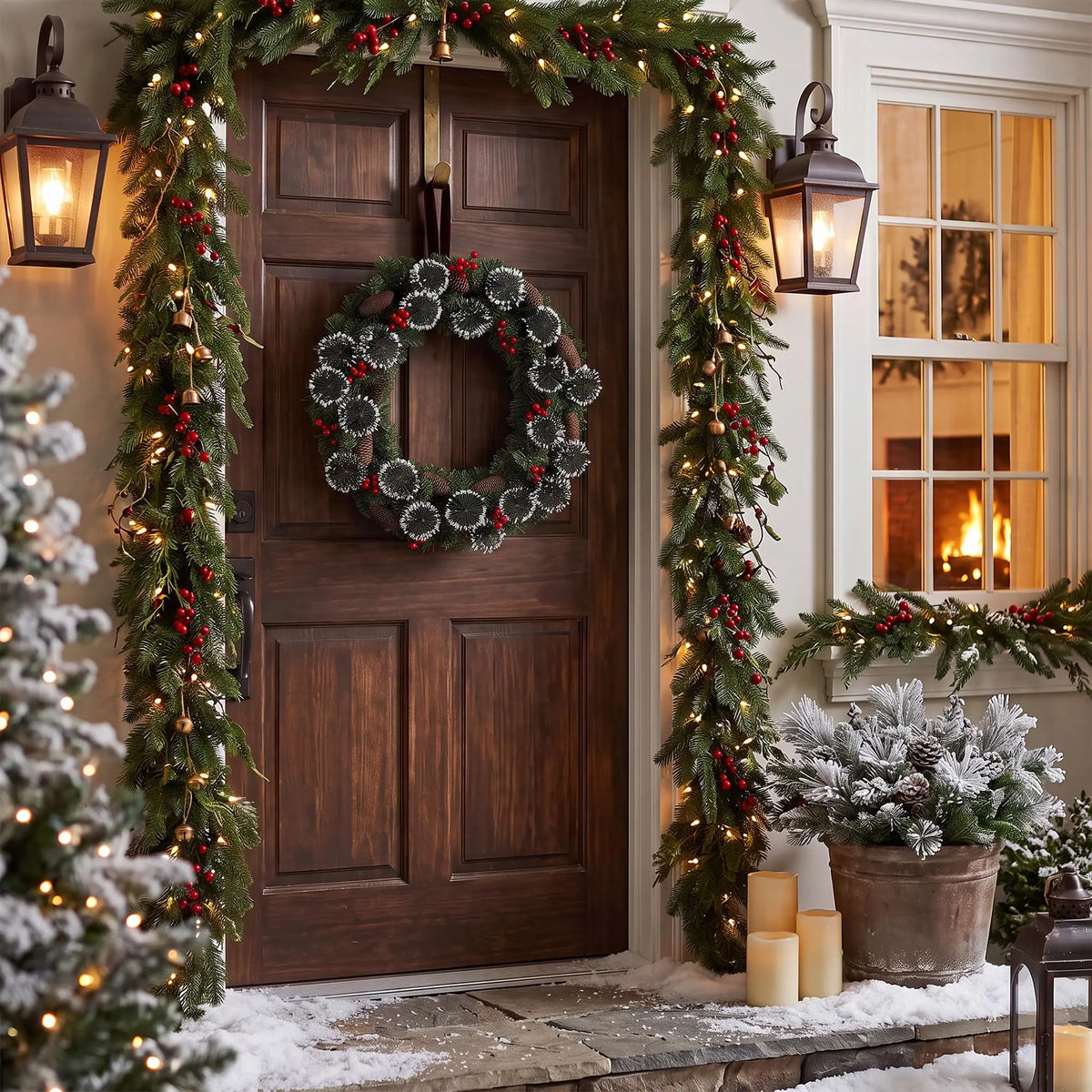 HiMISS Prelit Christmas Pine Wreath With LED Lights And Berries