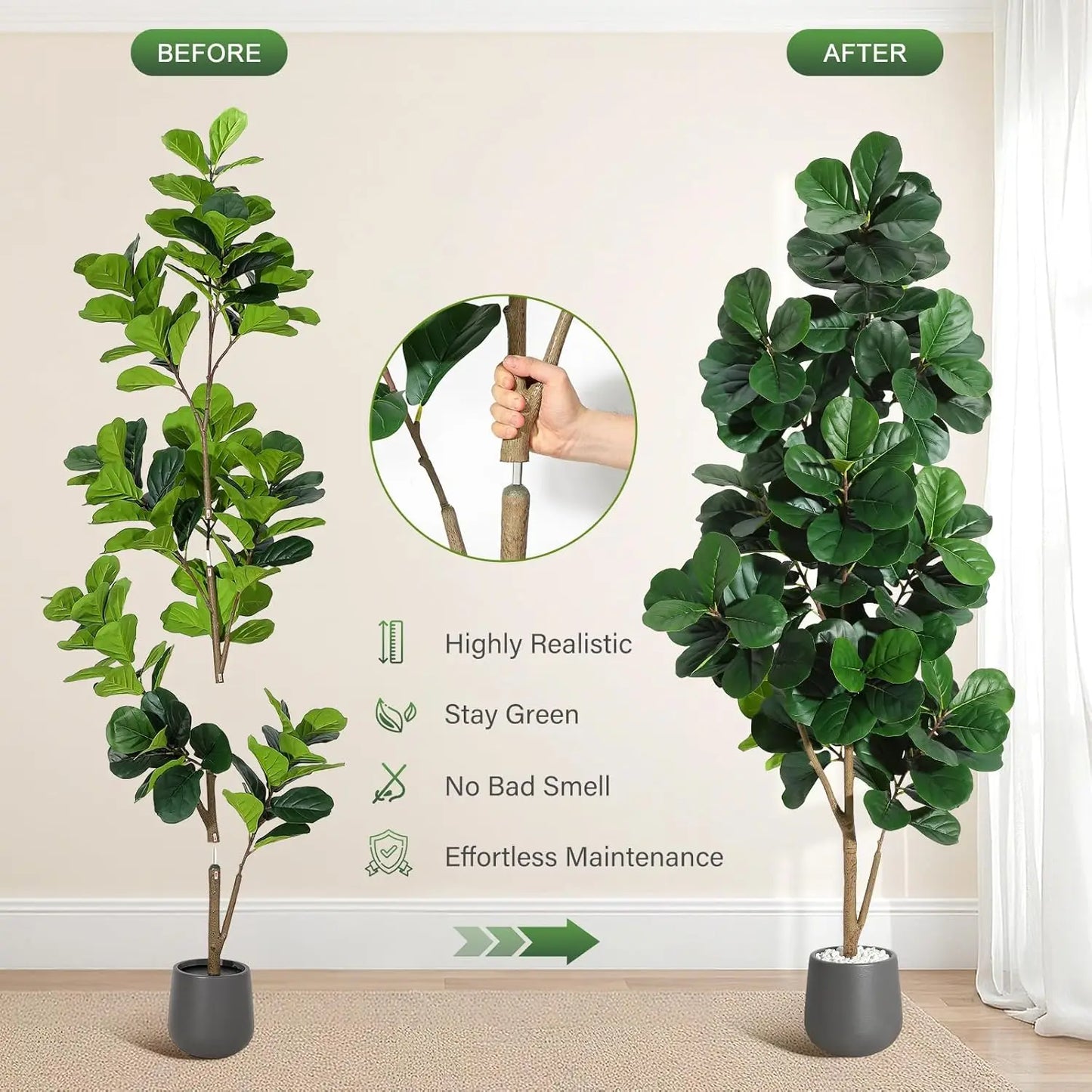HiMISS Artificial Fiddle Leaf Fig Tree Realistic Leaves Planter Pot