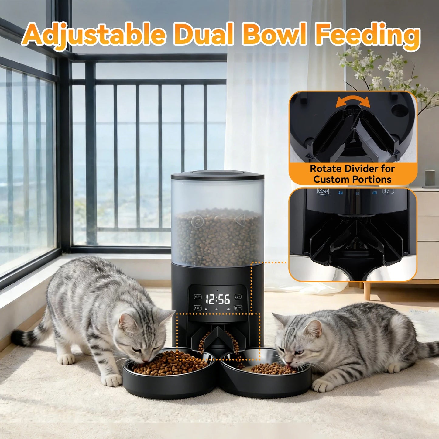 6L Automatic Cat Feeder With Dual Stainless Bowls And Timer
