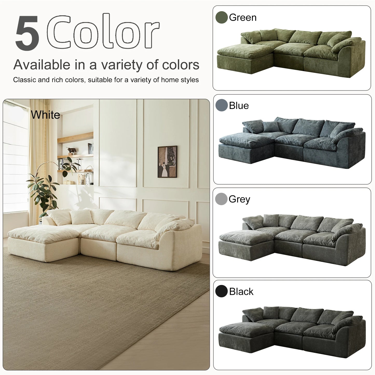 Yeflixvrau Cloud L Shaped 3 Seater Chenille Sofa Modular Sectional