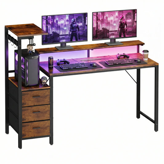 NEBMAAX Gaming Desk With Monitor Stand LED Lighting USB Ports