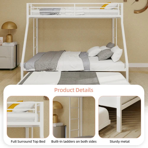 Square Tube Iron Bunk Bed With Ladder And Rolling Trundle