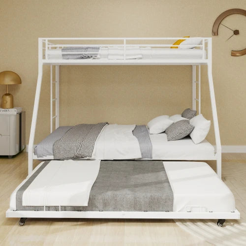 Square Tube Iron Bunk Bed With Ladder And Rolling Trundle