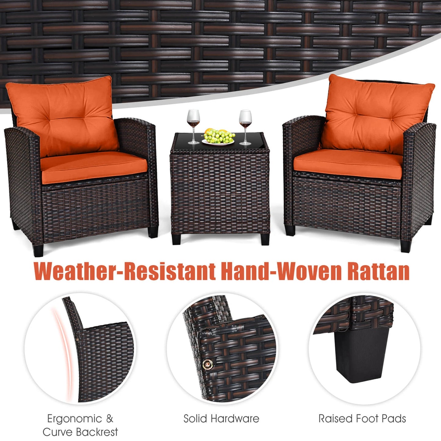 HOMASIS 3-Piece Patio Rattan Conversation Set Cushioned