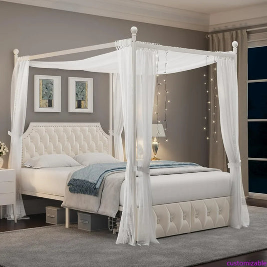 XMSJ Canopy Bed Frame With Storage Drawers And Metal Platform