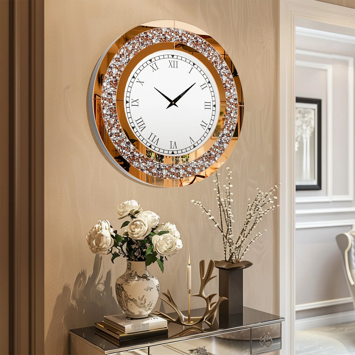 Decorative Crystal Mirrored Wall Clock With Silent Movement
