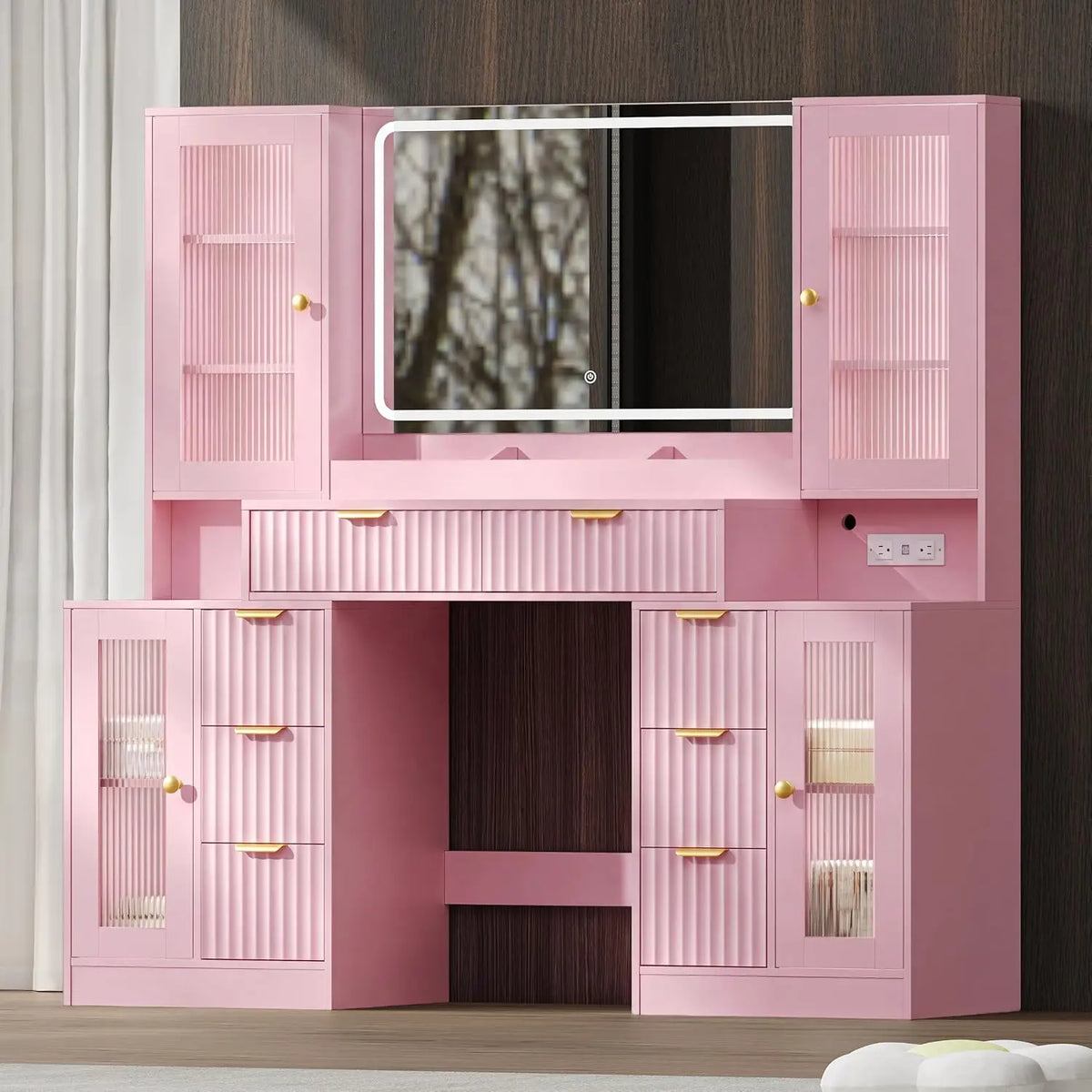 Fluted Makeup Vanity Desk With LED Mirror And Drawers