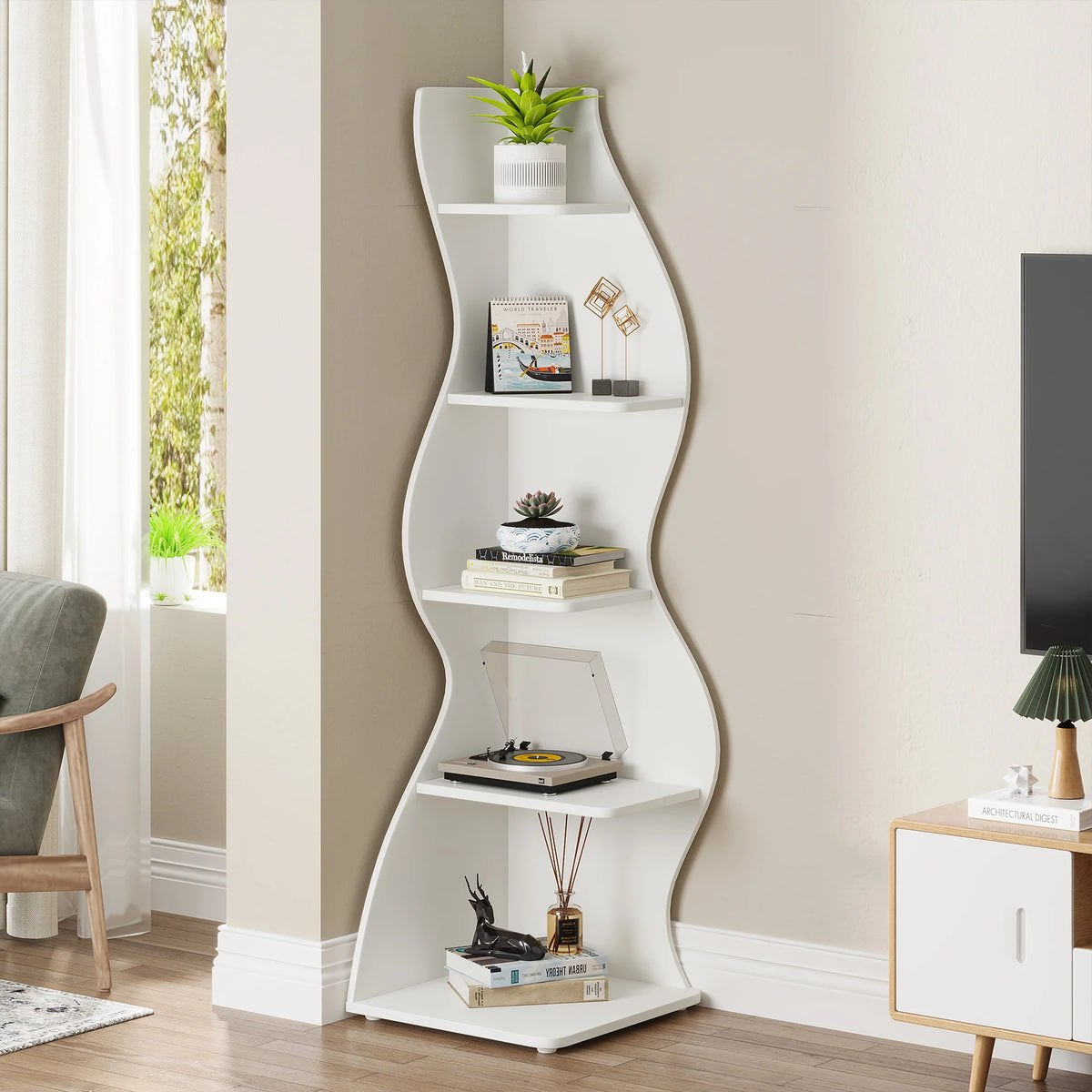 Tribesigns Modern Five Tier Corner Bookshelf Wooden Storage Rack