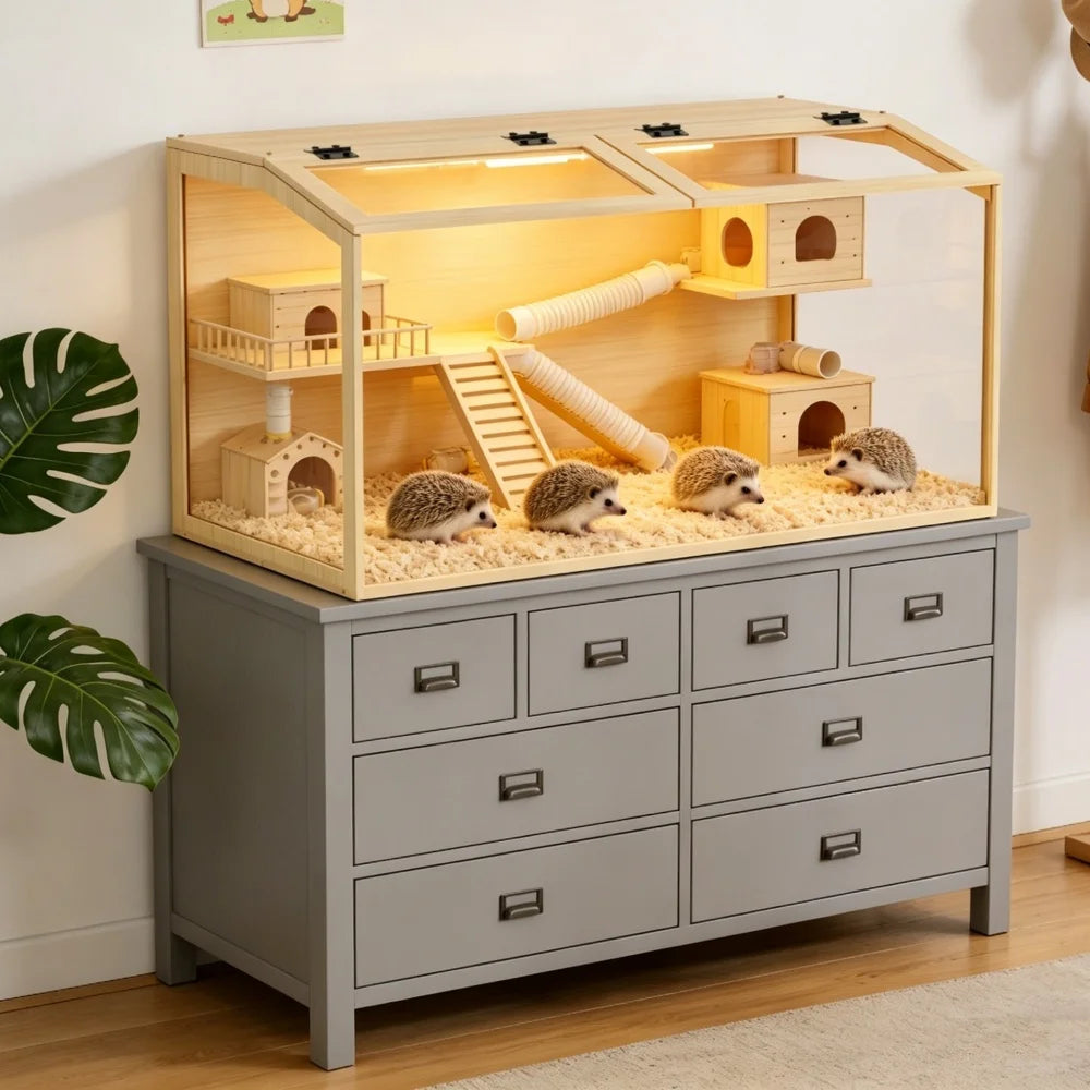 Wooden Hamster Habitat Cage With Clear Glass And LED Lighting