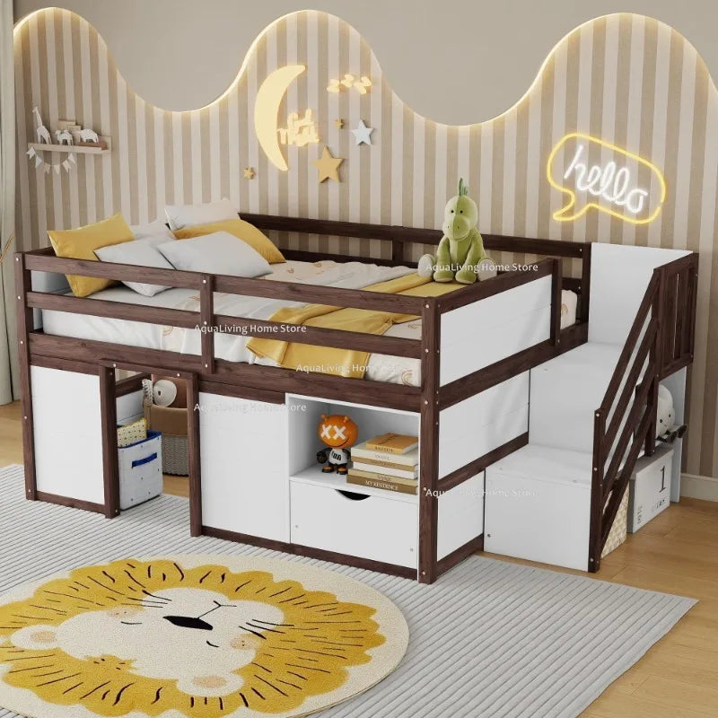 Solid Wood Kids Loft Bed With Stairs Storage Drawer Shelf