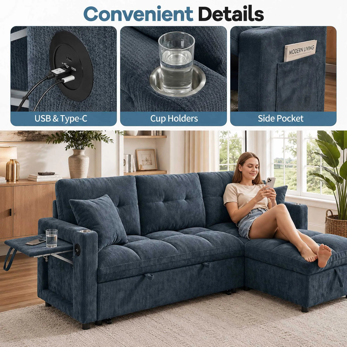 Convertible Sectional Sofa With Pull Out Bed And Storage Chaise