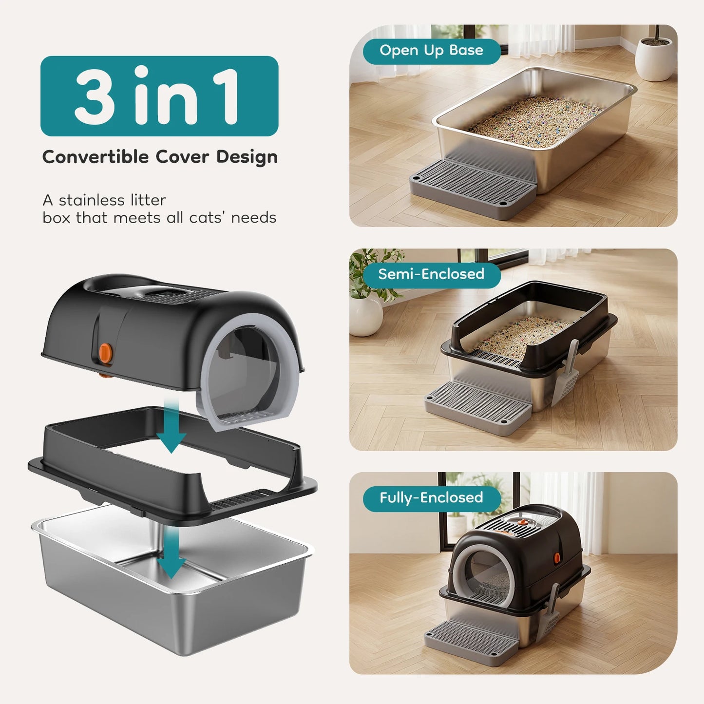 JHK Stainless Steel Enclosed Cat Litter Box For Large Cats