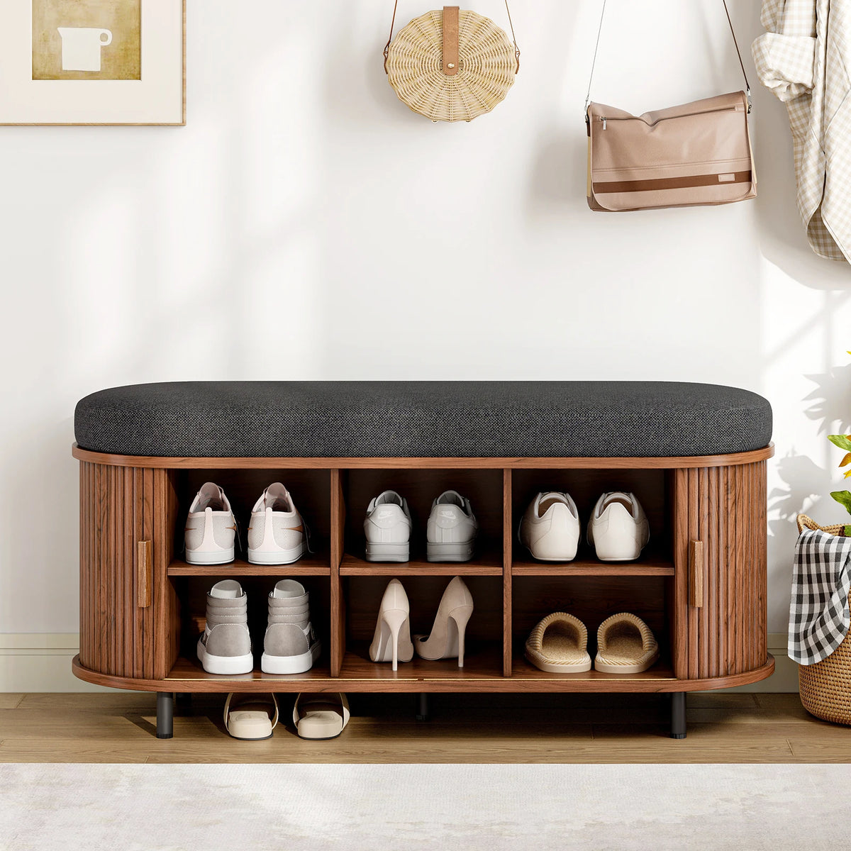 Wooden Shoe Storage Bench Three Tier Organizer With Padded Seat