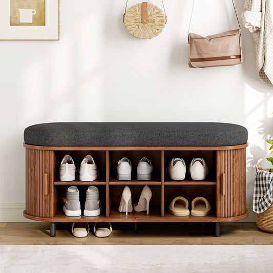 Wooden Shoe Storage Bench Three Tier Organizer With Padded Seat