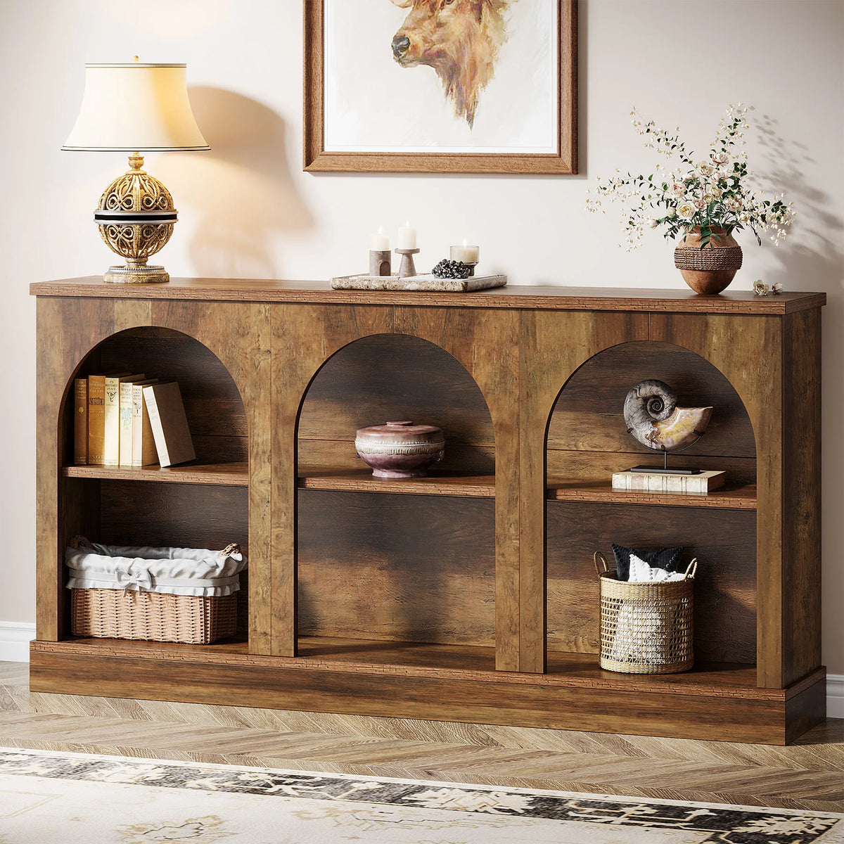 Tribesigns Farmhouse Wooden Console Table With Three Tier Storage Shelf