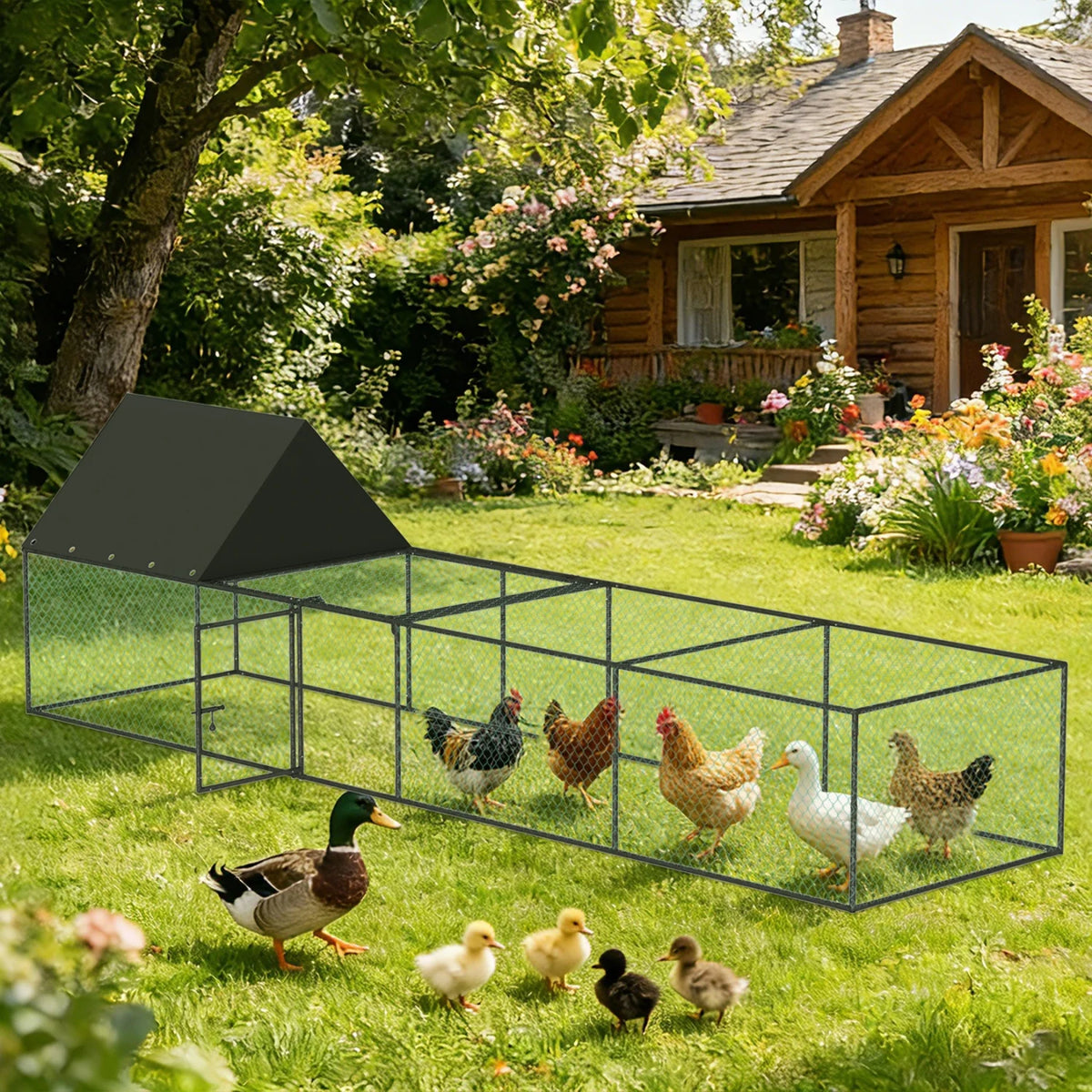 BINGOPAW Metal Chicken Coop Walk In Run With Durable Netting