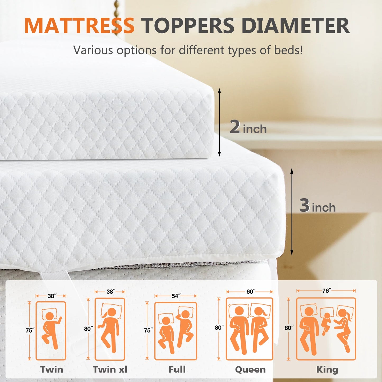 JHK Gel-Infused Memory Foam Mattress Topper With Fabric Cover Breathable
