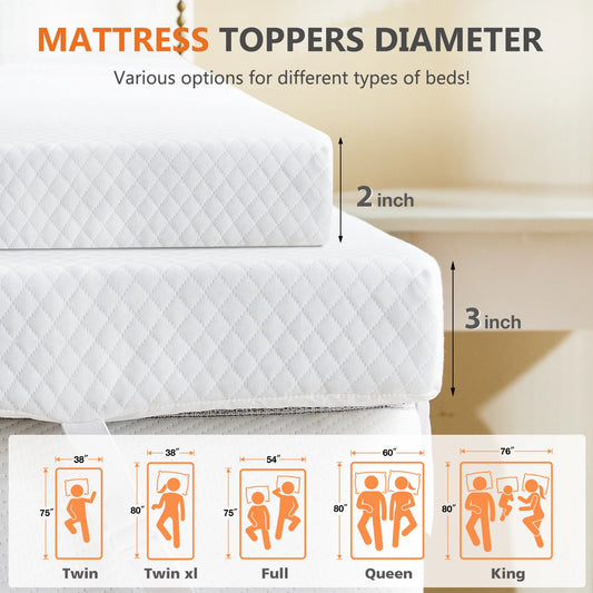 JHK Gel-Infused Memory Foam Mattress Topper With Fabric Cover Breathable