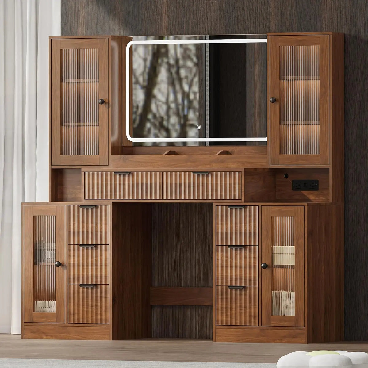 Fluted Makeup Vanity Desk With LED Mirror And Drawers