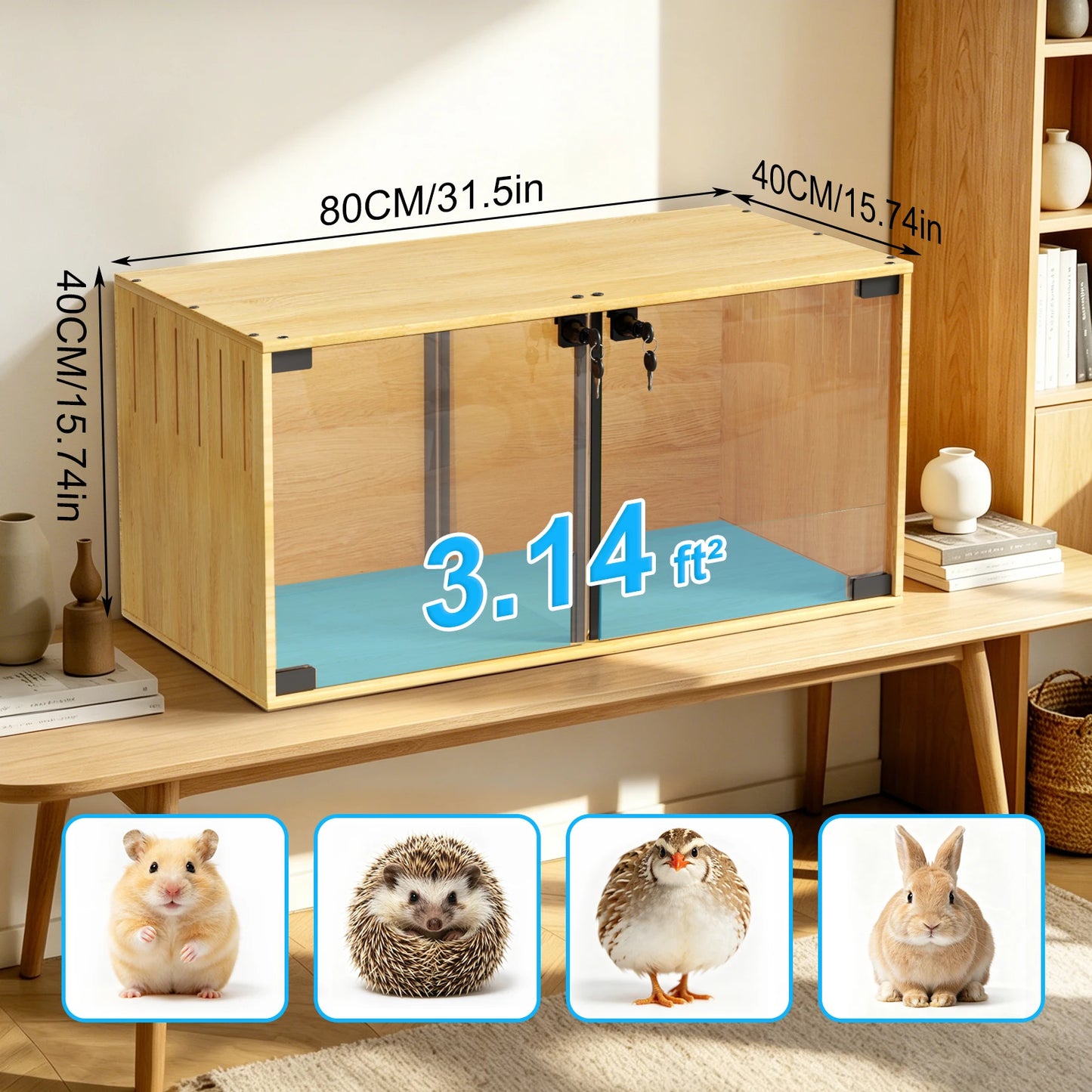 Wooden Hamster Cage With Dual Door Lock Chew Proof Divider