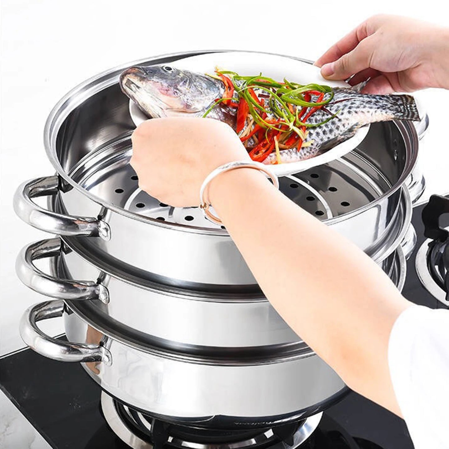 Stainless Steel Triple Layer Steamer Pot For Gas Stove