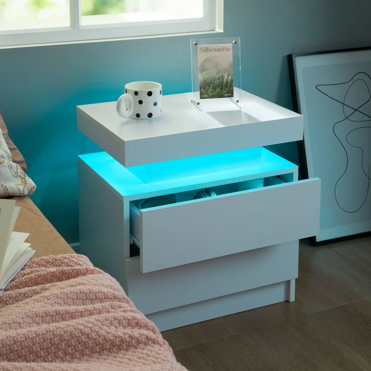 Cubehom Set Of 2 LED Nightstands With Drawers For Bedroom