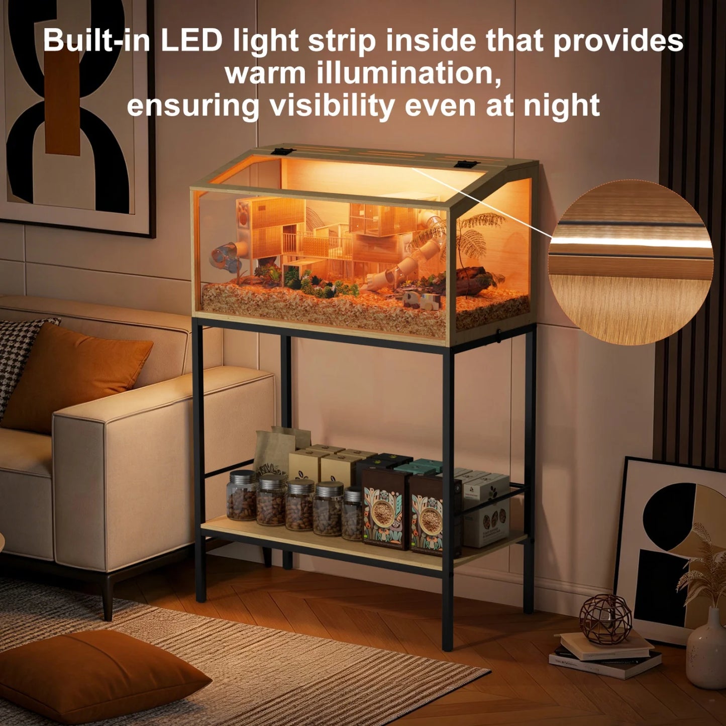 Wooden Hamster Cage Chewproof Tempered Glass Panels And LED Light