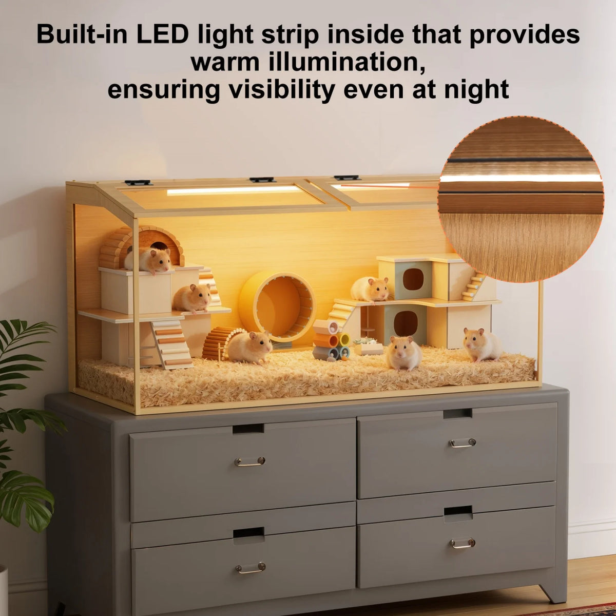 Natural Wooden Hamster Cage Built In Light Dual Door Habitat