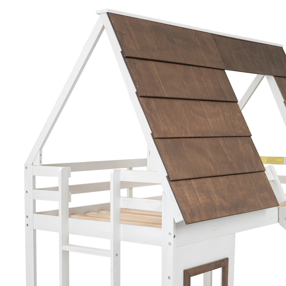 Modern Wood House Bunk Bed With Roof, Ladder And Slide
