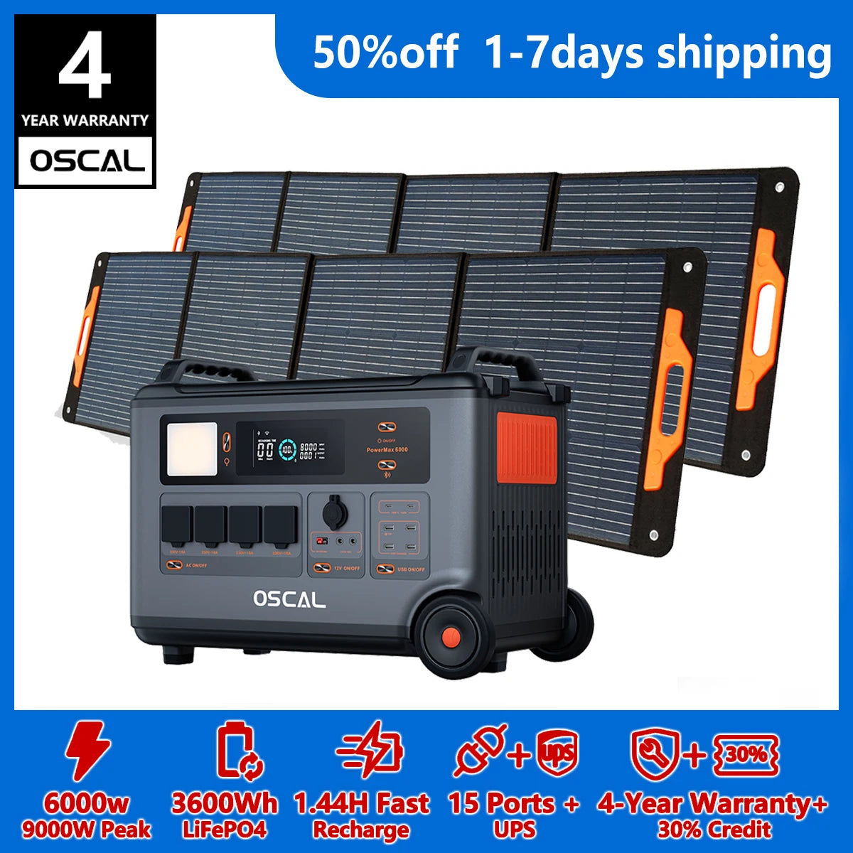 OSCAL PowerMax 6000 Solar Generator 3600Wh LiFePO4 Battery Station