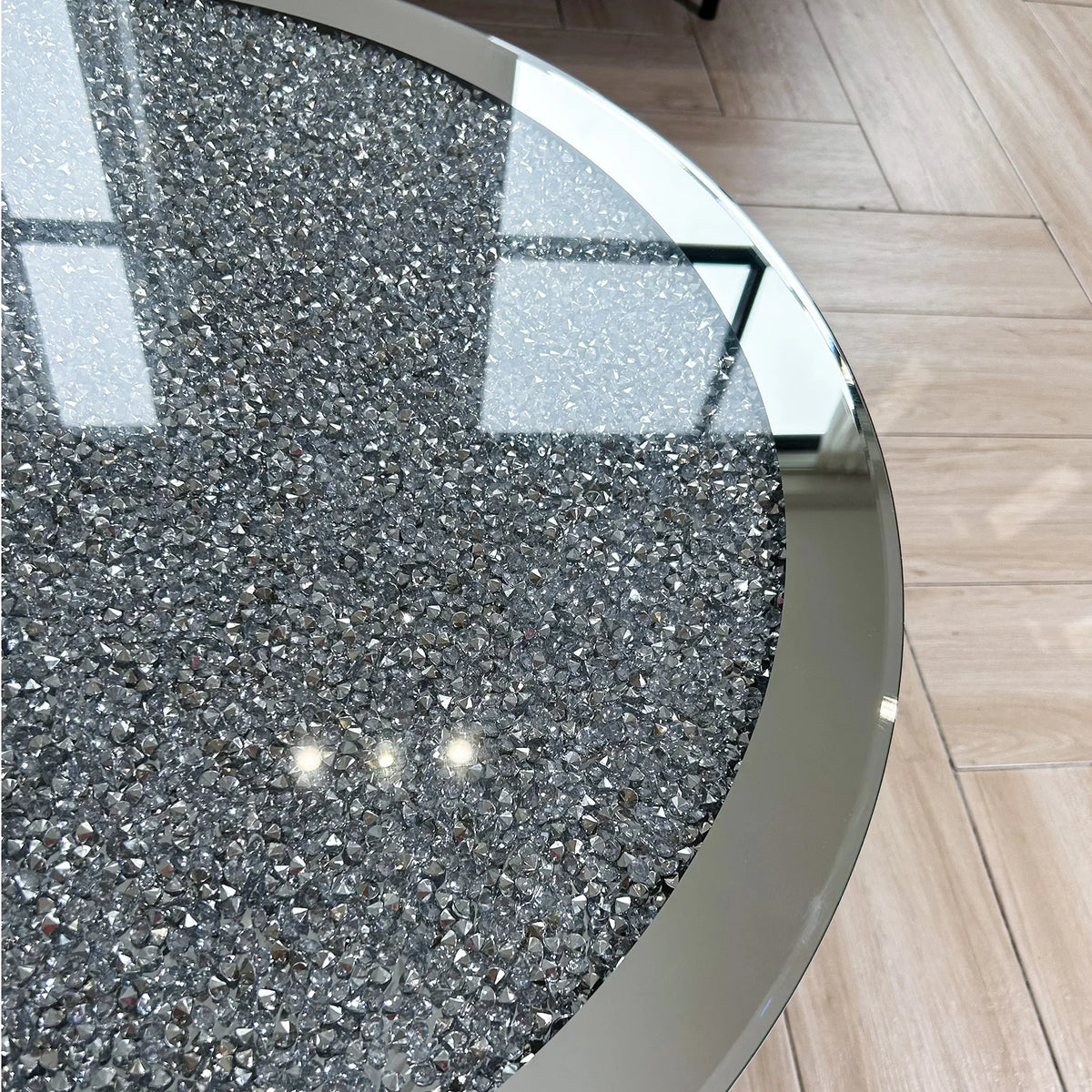 Modern Round Mirrored Glass Coffee Table Featuring Crystal Inlay Accent