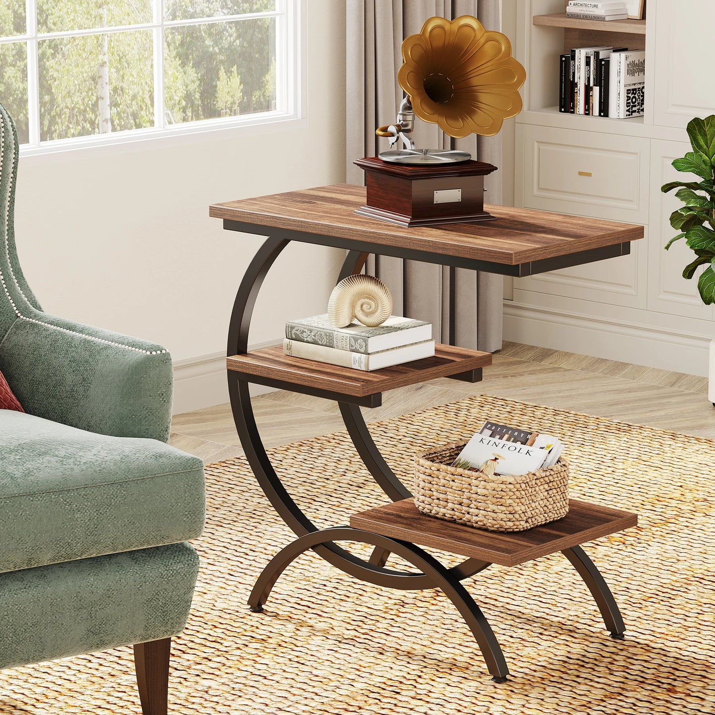 Tribesigns C Shaped End Table With 3 Tier Storage Shelves