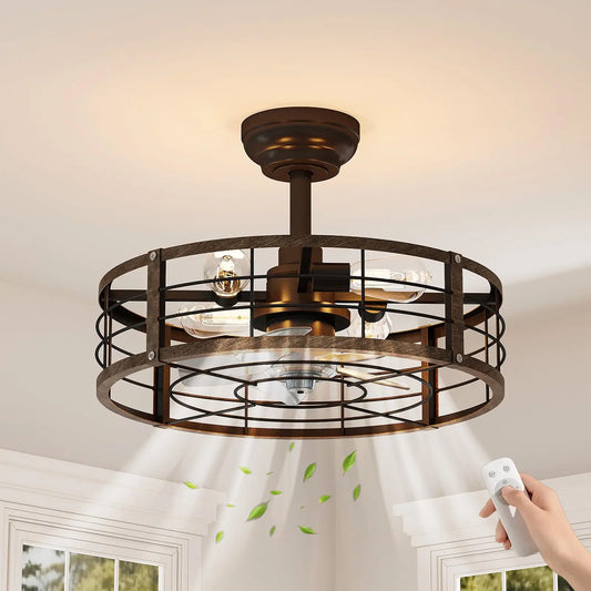 Adoolla Caged Farmhouse Fandelier Ceiling Fan With Light Remote