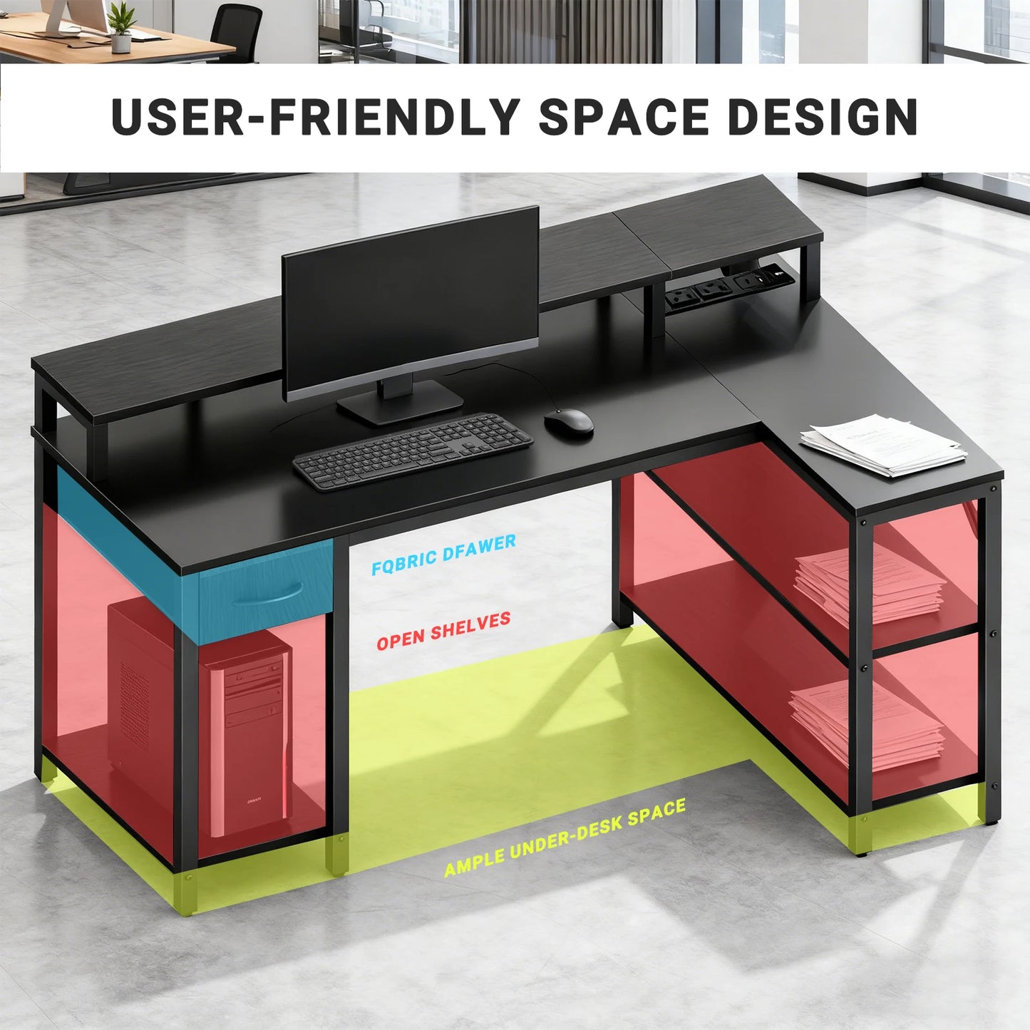 JHK L-Shaped Gaming Desk With USB Ports And LED Illumination