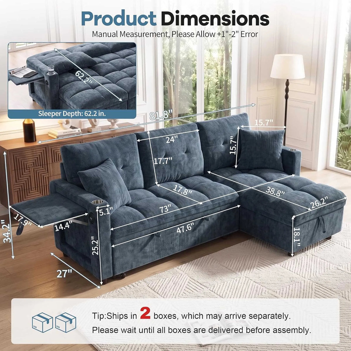 Convertible Sectional Sofa With Pull Out Bed And Storage Chaise
