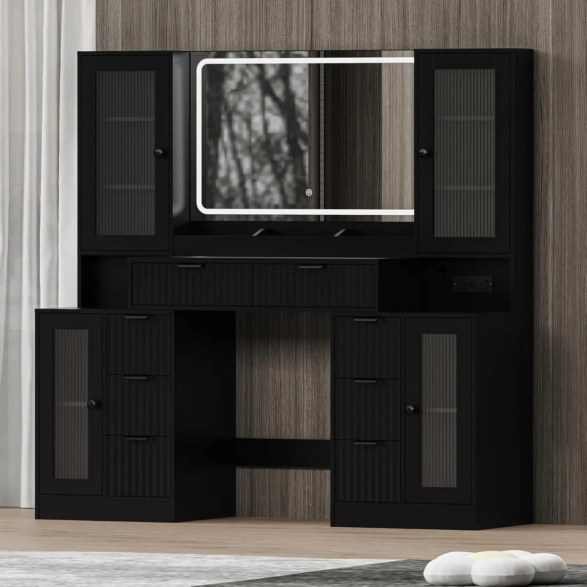 Fluted Makeup Vanity Desk With LED Mirror And Drawers