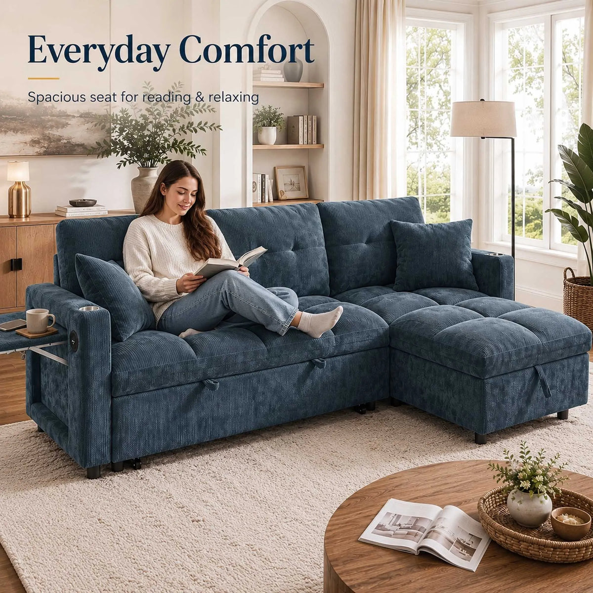 Convertible Sectional Sofa With Pull Out Bed And Storage Chaise